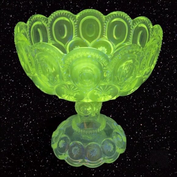 Antique EAPG Adams & Co Palace Moon & Stars Compote Large Clear Manganese 365nm - Picture 1 of 15